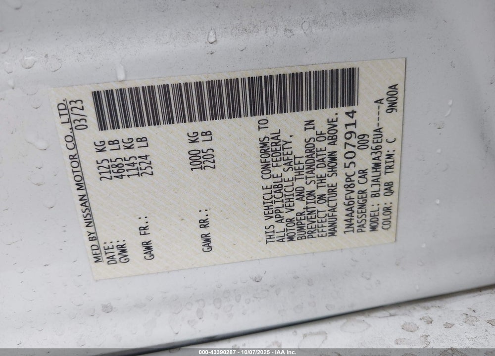 2023 NISSAN MAXIMA PLATINUM XTRONIC CVT VIN: 1N4AA6FV8PC507914