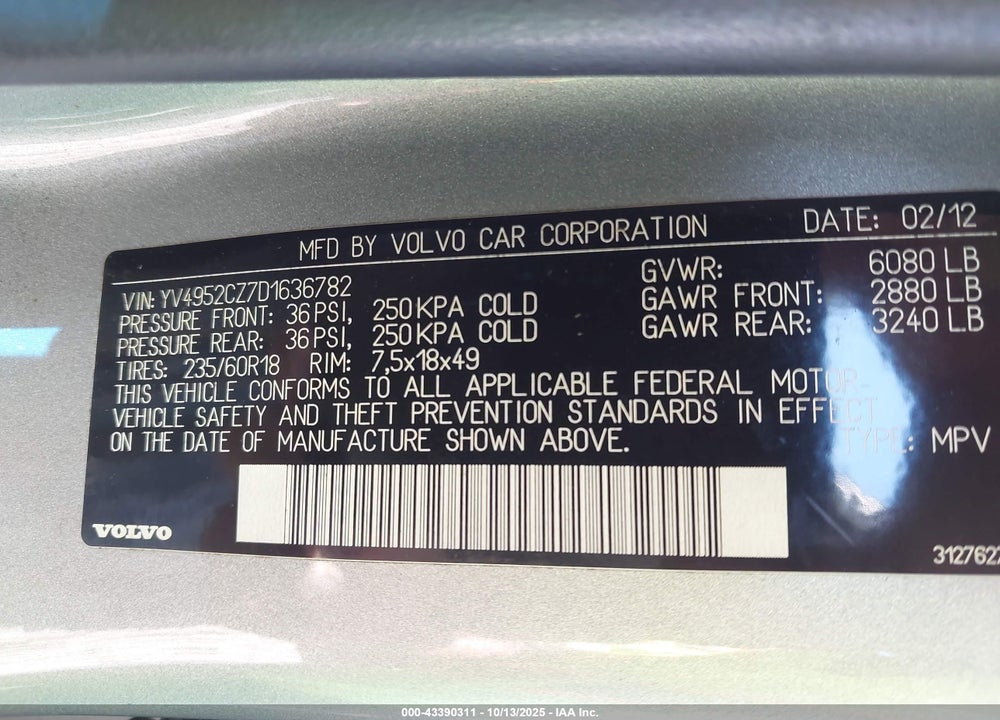 2013 VOLVO XC90 3.2/3.2 PLATINUM/3.2 PREMIER PLUS VIN: YV4952CZ7D1636782