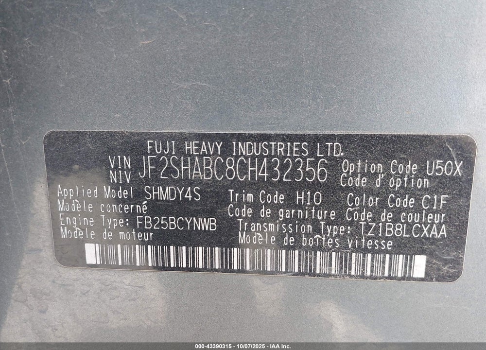 2012 SUBARU FORESTER VIN: JF2SHABC8CH432356