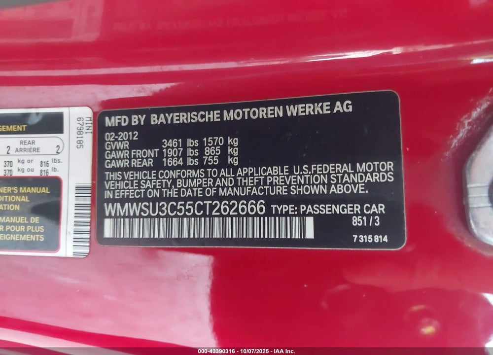 2012 MINI COOPER VIN: WMWSU3C55CT262666
