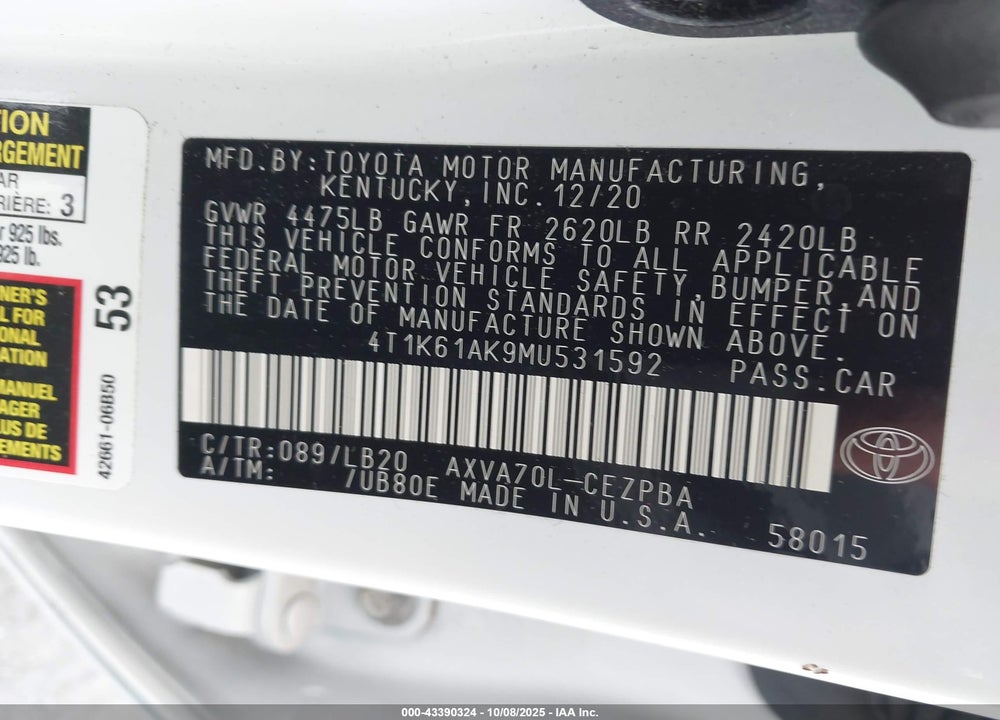 2021 TOYOTA CAMRY XSE VIN: 4T1K61AK9MU531592