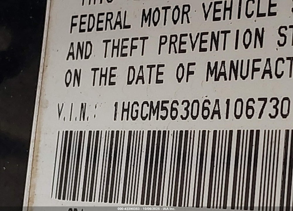 2006 HONDA ACCORD VIN: 1HGCM56306A106730
