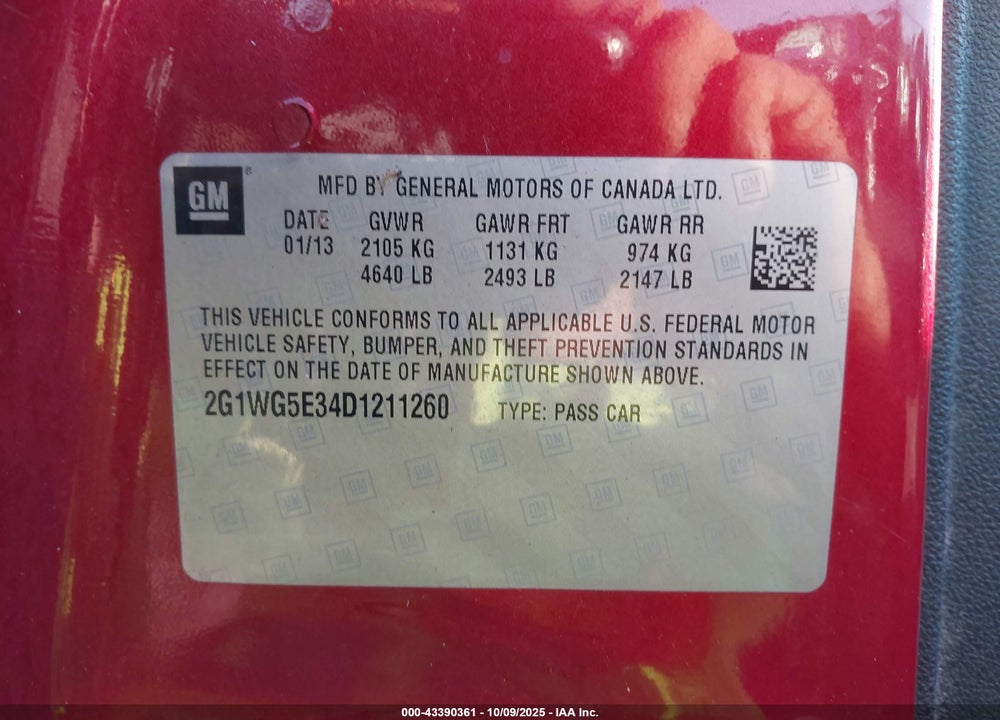 2013 CHEVROLET IMPALA VIN: 2G1WG5E34D1211260