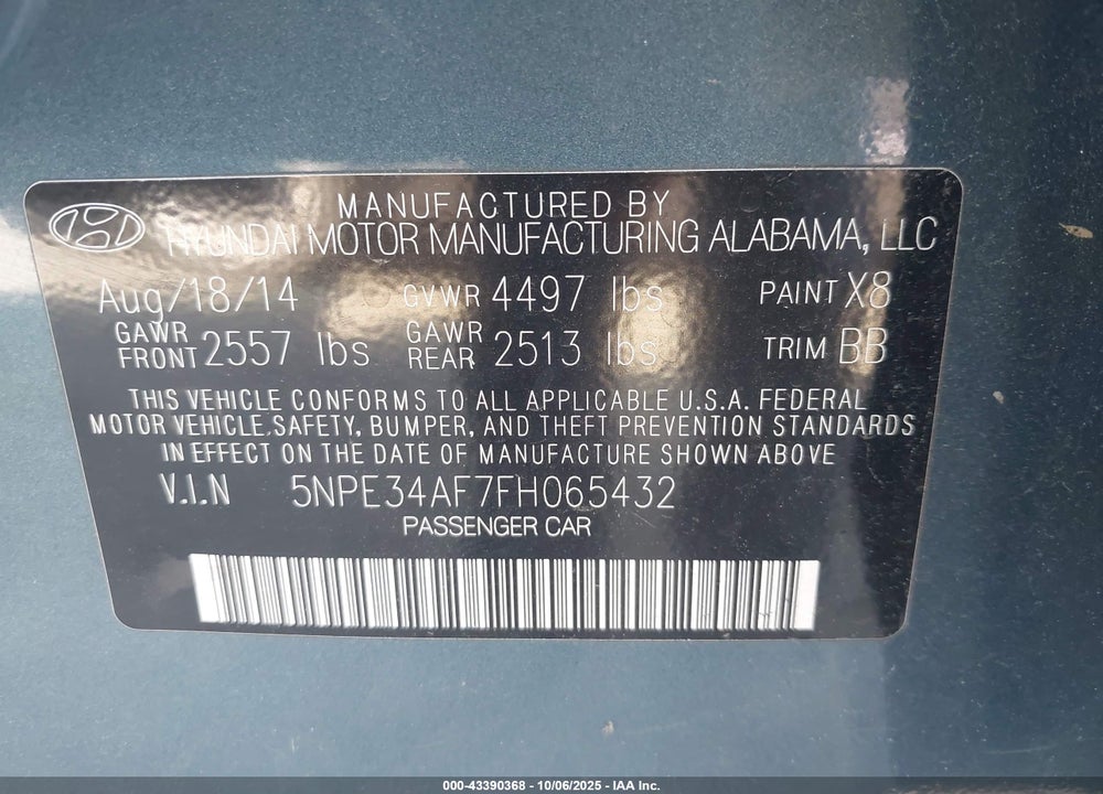2015 HYUNDAI SONATA VIN: 5NPE34AF7FH065432