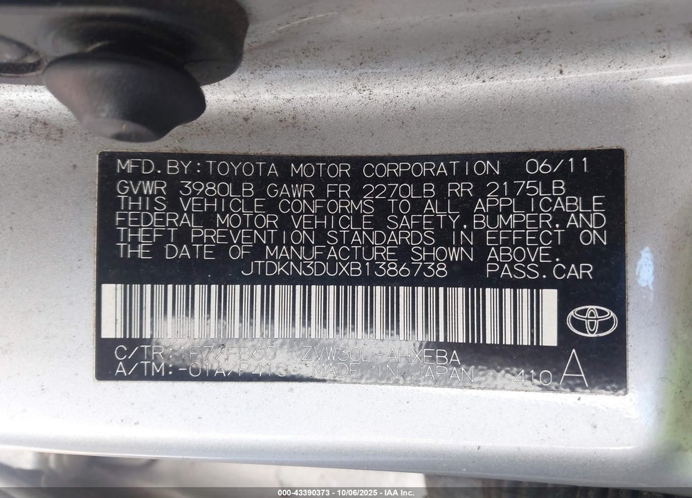 2011 TOYOTA PRIUS VIN: JTDKN3DUXB1386738