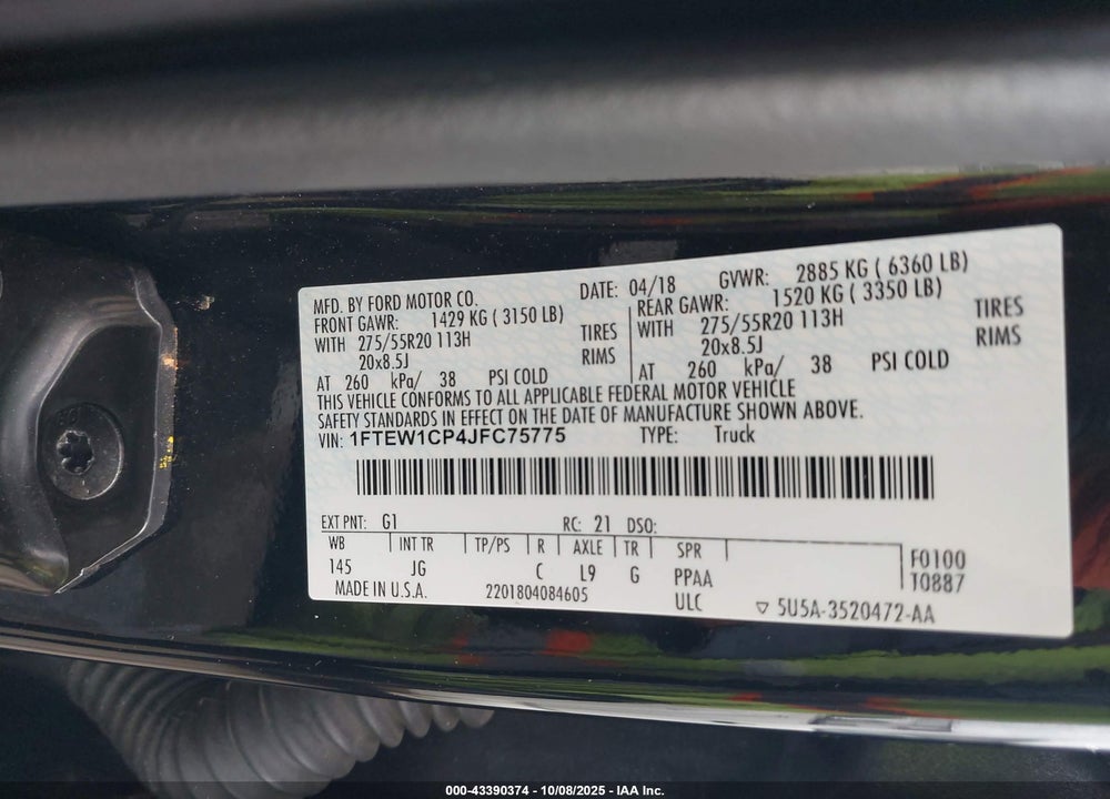 2018 FORD F-150 VIN: 1FTEW1CP4JFC75775