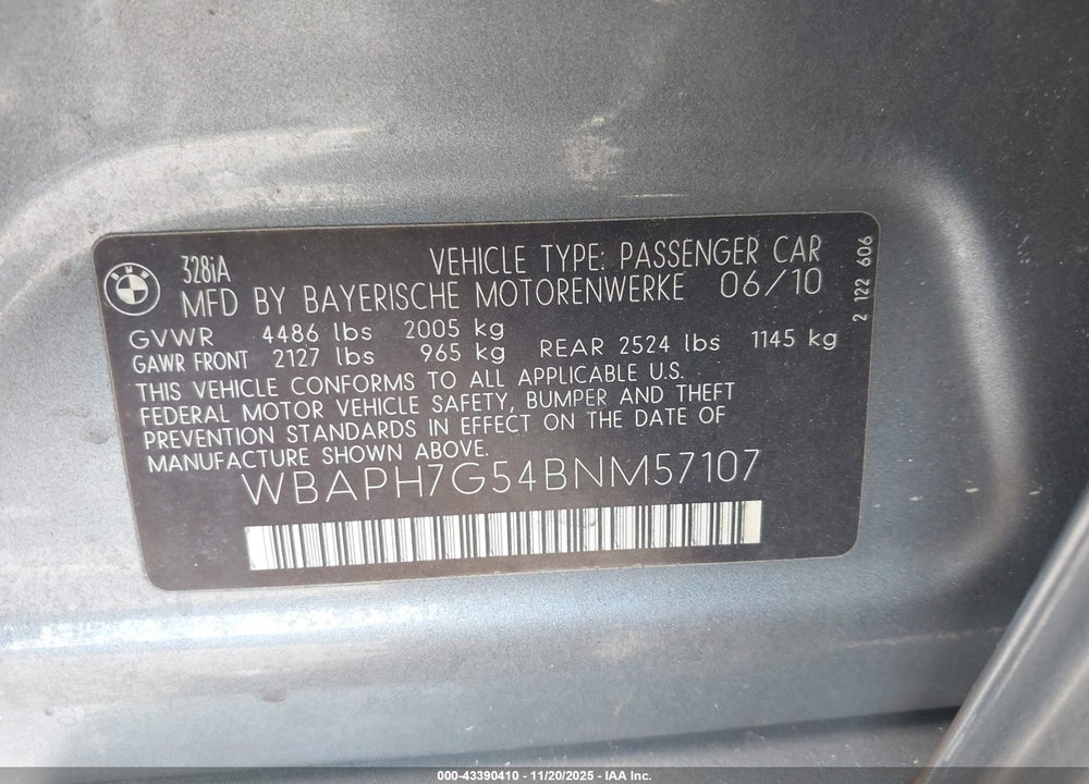 2011 BMW 328I VIN: WBAPH7G54BNM57107