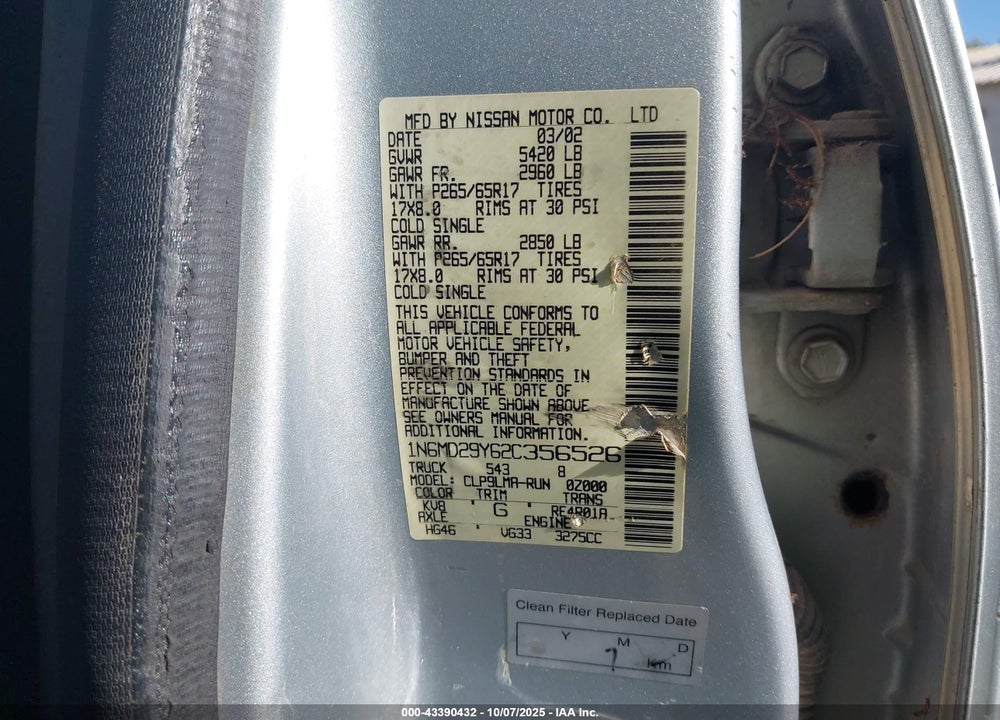 2002 NISSAN FRONTIER SC-V6 VIN: 1N6MD29Y62C356526