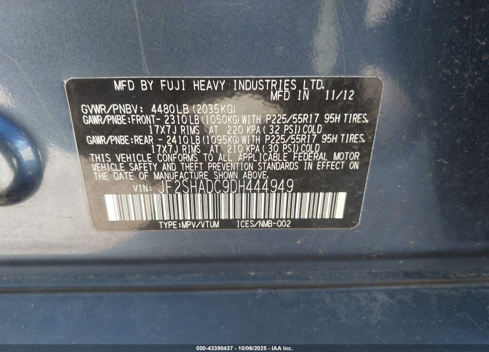 2013 SUBARU FORESTER VIN: JF2SHADC9DH444949