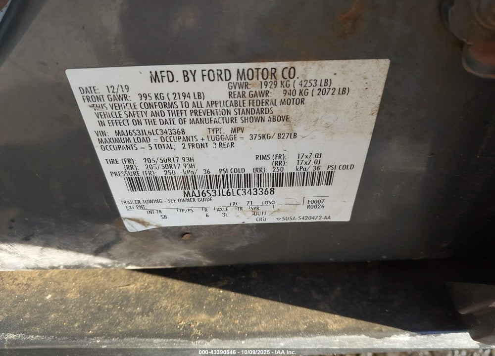 2020 FORD ECOSPORT SES VIN: MAJ6S3JL6LC343368