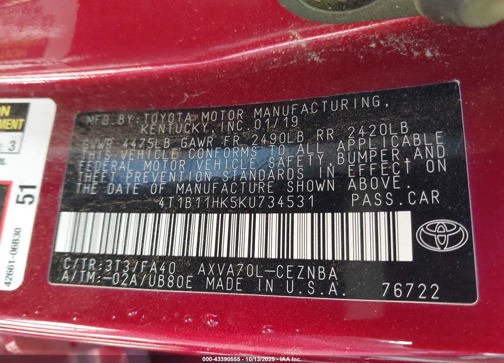 2019 TOYOTA CAMRY VIN: 4T1B11HK5KU734531