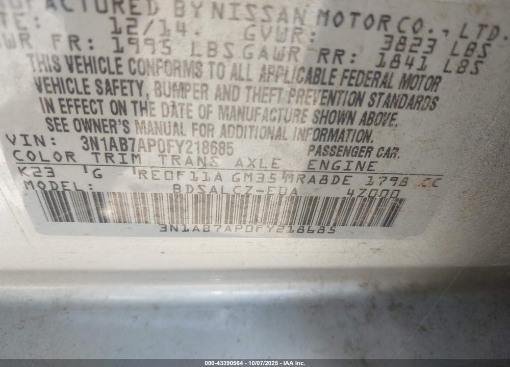 2015 NISSAN SENTRA VIN: 3N1AB7AP0FY218685