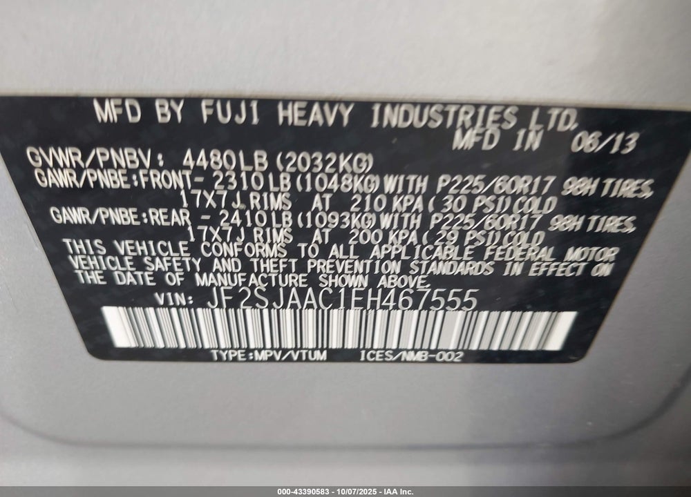 2014 SUBARU FORESTER VIN: JF2SJAAC1EH467555