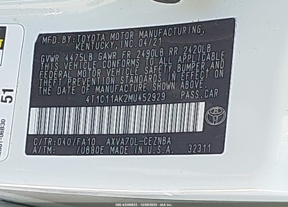 2021 TOYOTA CAMRY LE VIN: 4T1C11AK2MU452929