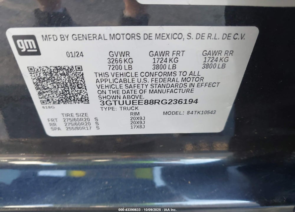 2024 GMC SIERRA 1500 VIN: 3GTUUEE88RG236194