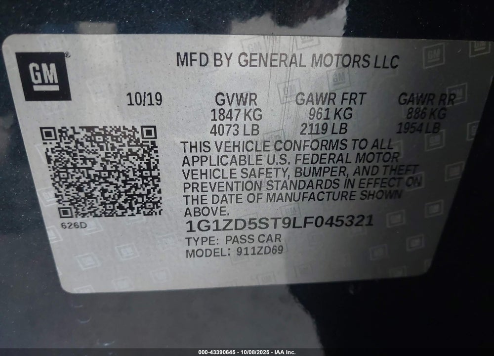 2020 CHEVROLET MALIBU FWD LT VIN: 1G1ZD5ST9LF045321