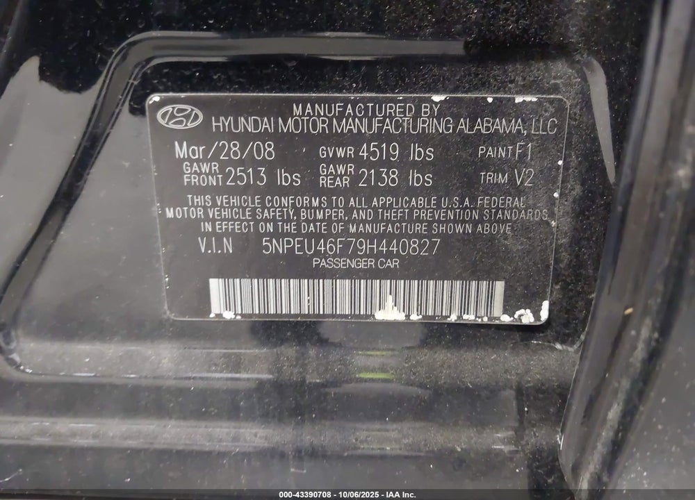 2009 HYUNDAI SONATA VIN: 5NPEU46F79H440827