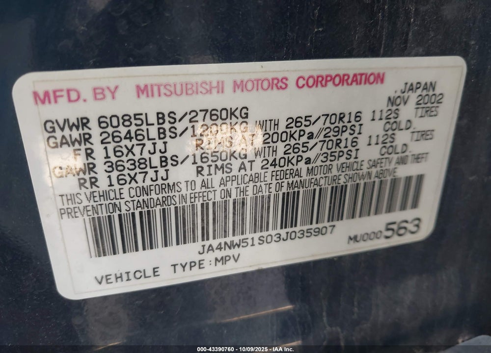 2003 MITSUBISHI MONTERO 20TH ANNIVERSARY/LIMITED VIN: JA4NW51S03J035907