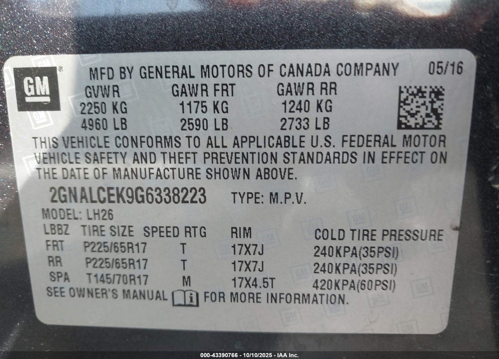 2016 CHEVROLET EQUINOX LT VIN: 2GNALCEK9G6338223