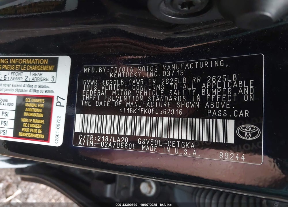 2015 TOYOTA CAMRY XLE V6 VIN: 4T1BK1FK0FU562916
