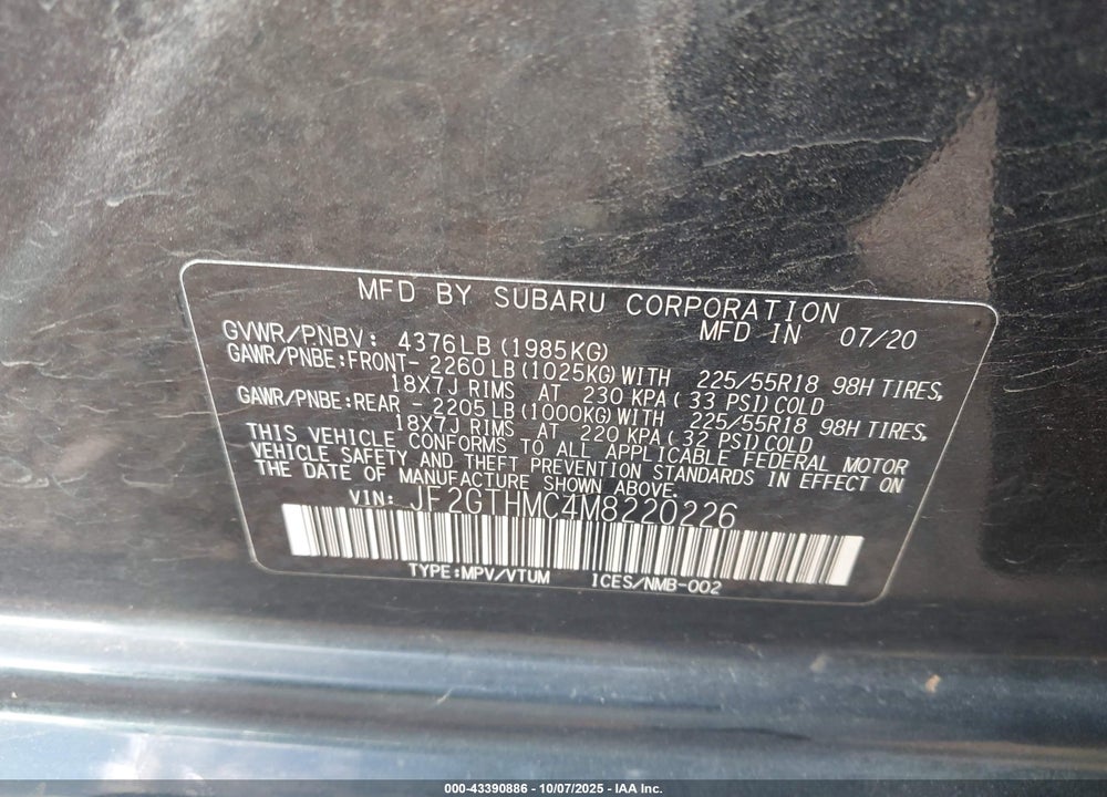 2021 SUBARU CROSSTREK LIMITED VIN: JF2GTHMC4M8220226