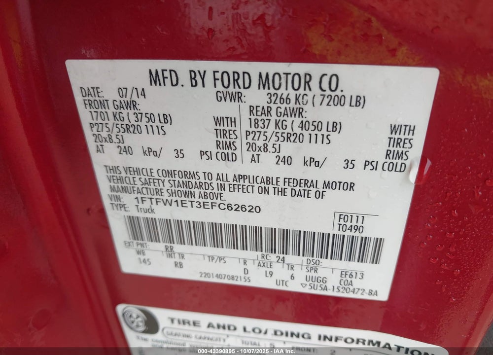 2014 FORD F-150 VIN: 1FTFW1ET3EFC62620