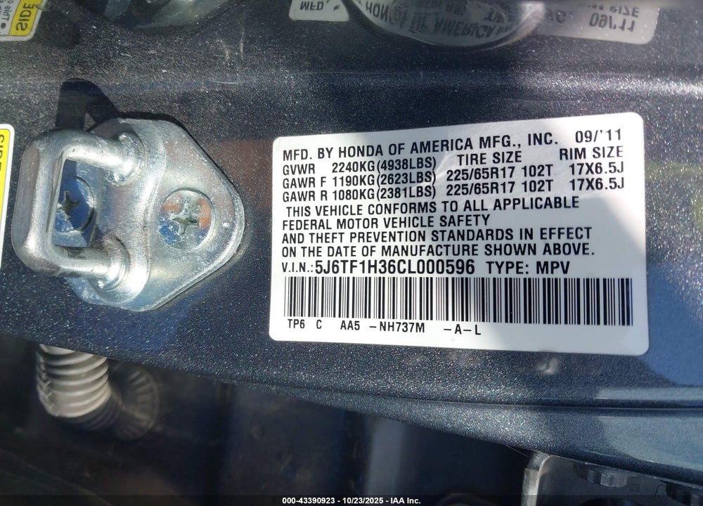 2012 HONDA CROSSTOUR EX VIN: 5J6TF1H36CL000596