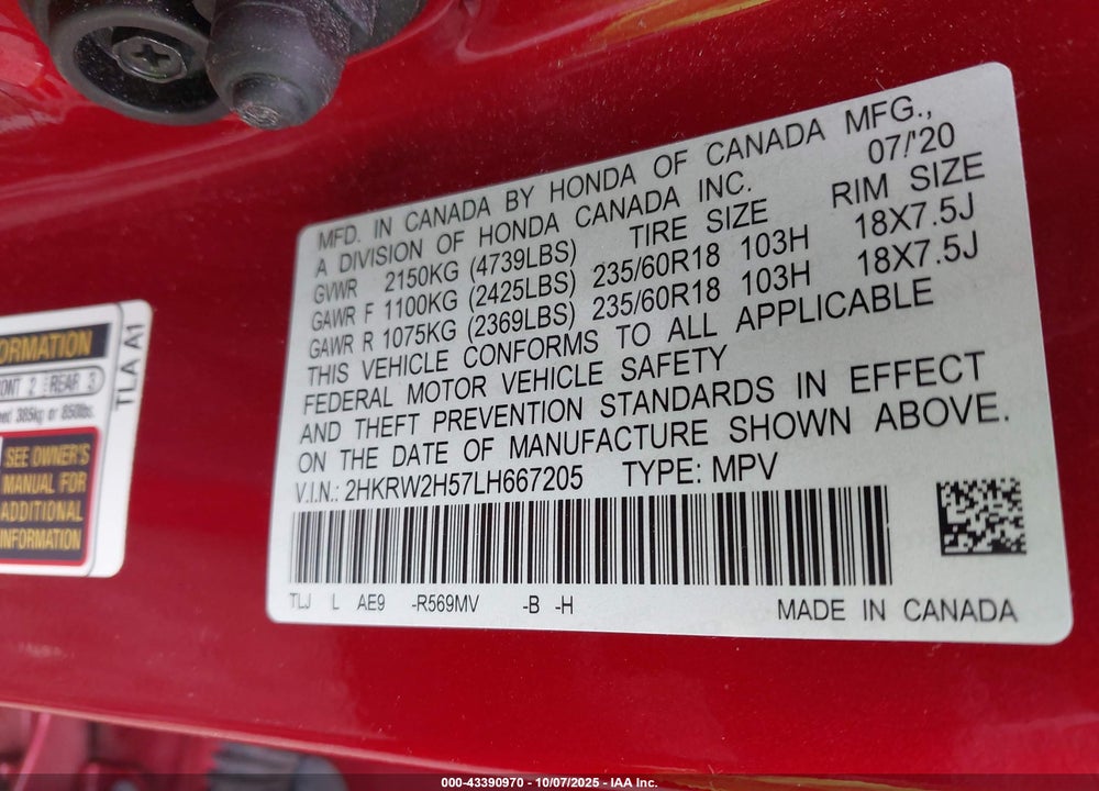 2020 HONDA CR-V AWD EX VIN: 2HKRW2H57LH667205