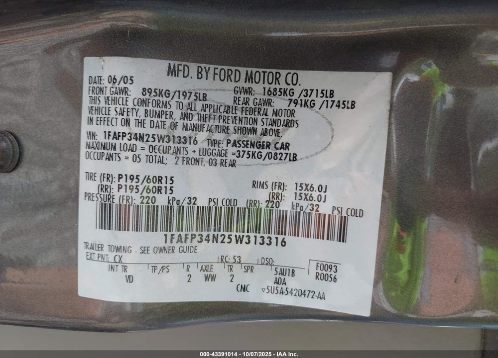 2005 FORD FOCUS VIN: 1FAFP34N25W313316
