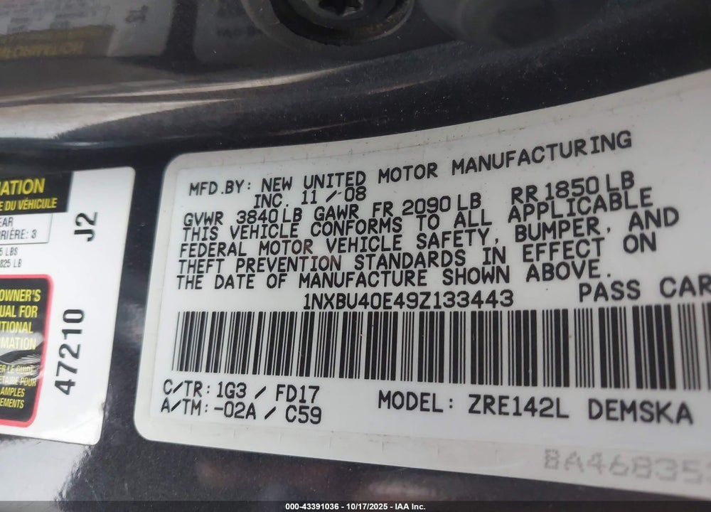 2009 TOYOTA COROLLA S VIN: 1NXBU40E49Z133443
