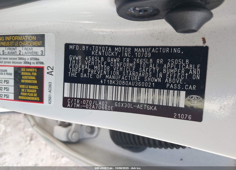 2010 TOYOTA AVALON VIN: 4T1BK3DB0AU360021