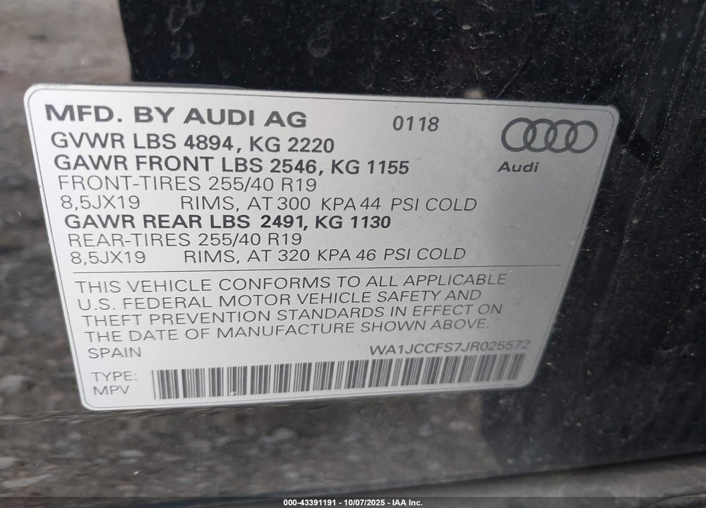 2018 AUDI Q3 2.0T PREMIUM/2.0T SPORT PREMIUM VIN: WA1JCCFS7JR025572