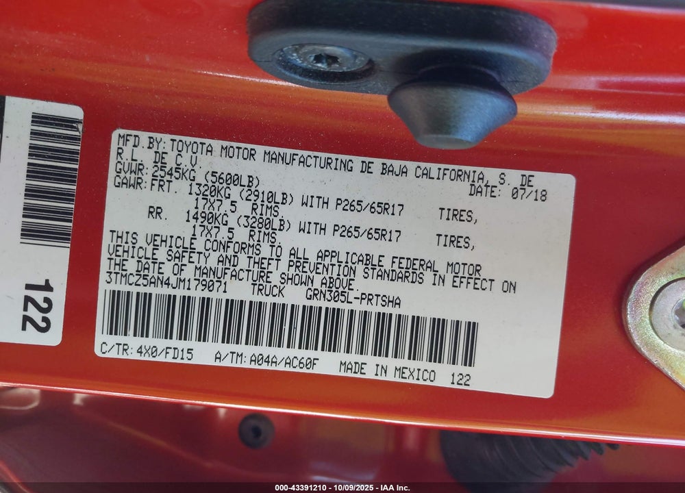 2018 TOYOTA TACOMA VIN: 3TMCZ5AN4JM179071