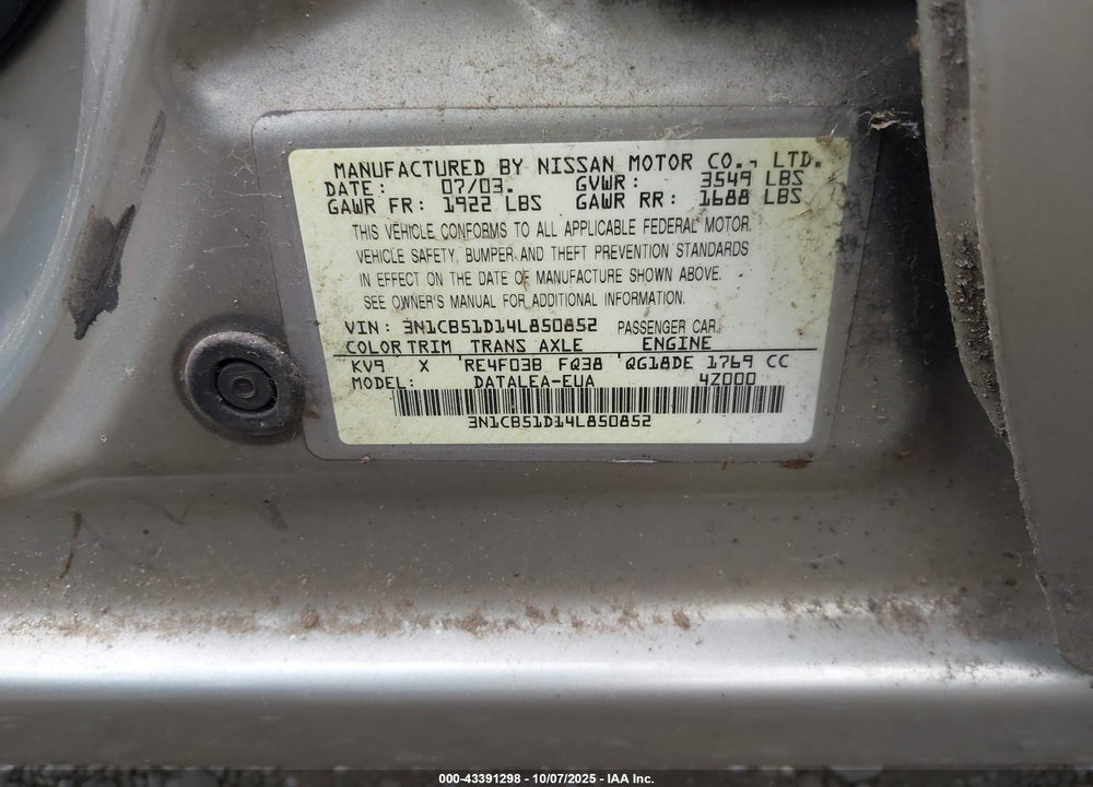 2004 NISSAN SENTRA 1.8S VIN: 3N1CB51D14L850852