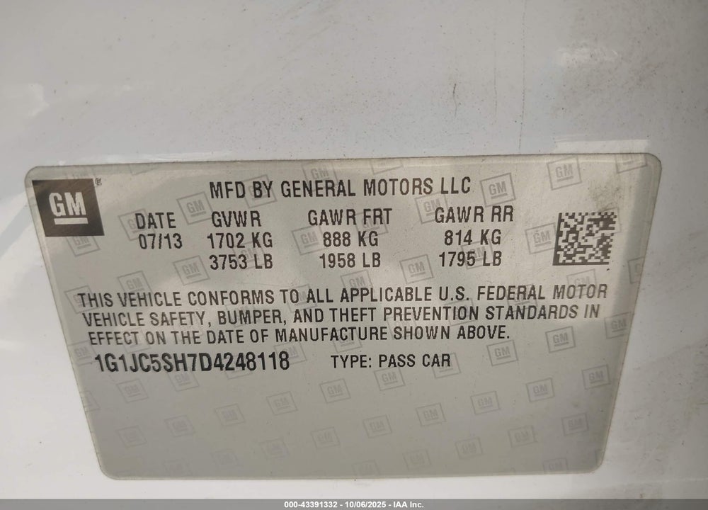 2013 CHEVROLET SONIC LT AUTO VIN: 1G1JC5SH7D4248118
