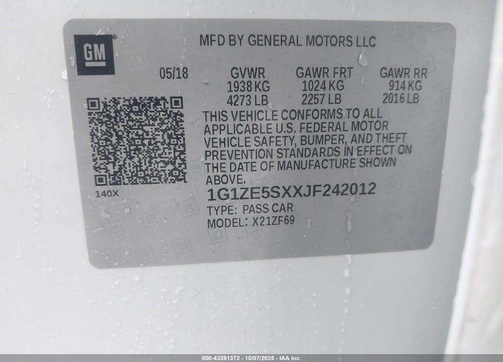2018 CHEVROLET MALIBU PREMIER VIN: 1G1ZE5SXXJF242012