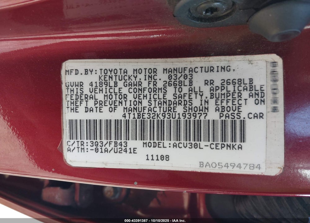 2003 TOYOTA CAMRY LE VIN: 4T1BE32K93U193977