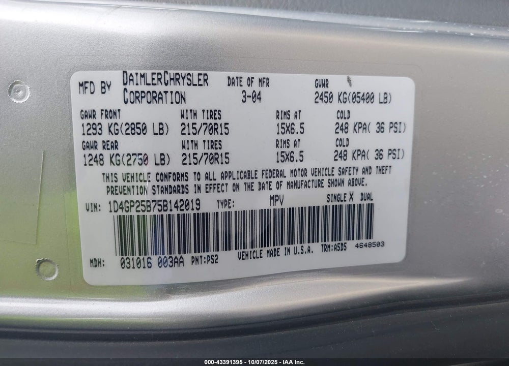 2005 DODGE CARAVAN SE VIN: 1D4GP25B75B142019