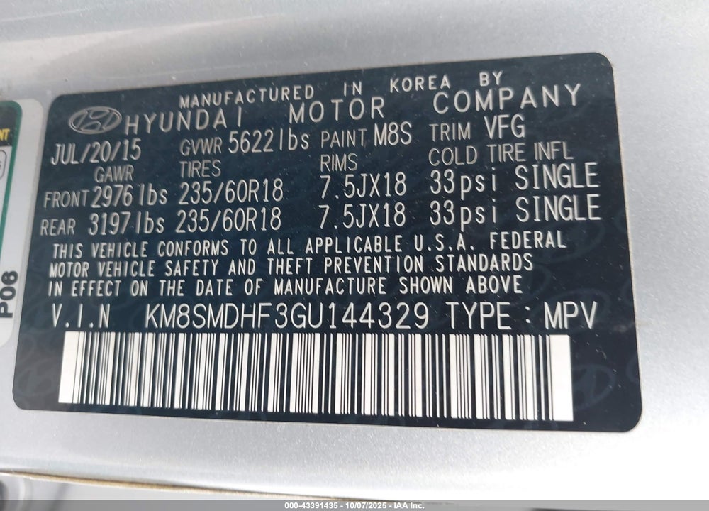 2016 HYUNDAI SANTA FE SE VIN: KM8SMDHF3GU144329