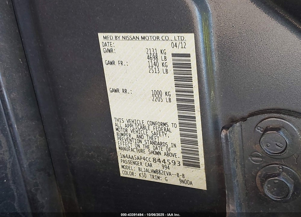 2012 NISSAN MAXIMA 3.5 SV VIN: 1N4AA5AP4CC844593