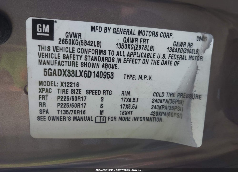 2006 BUICK TERRAZA CXL VIN: 5GADX33LX6D140953