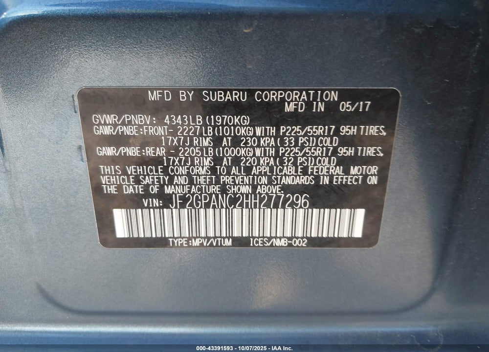 2017 SUBARU CROSSTREK 2.0I LIMITED VIN: JF2GPANC2HH277296