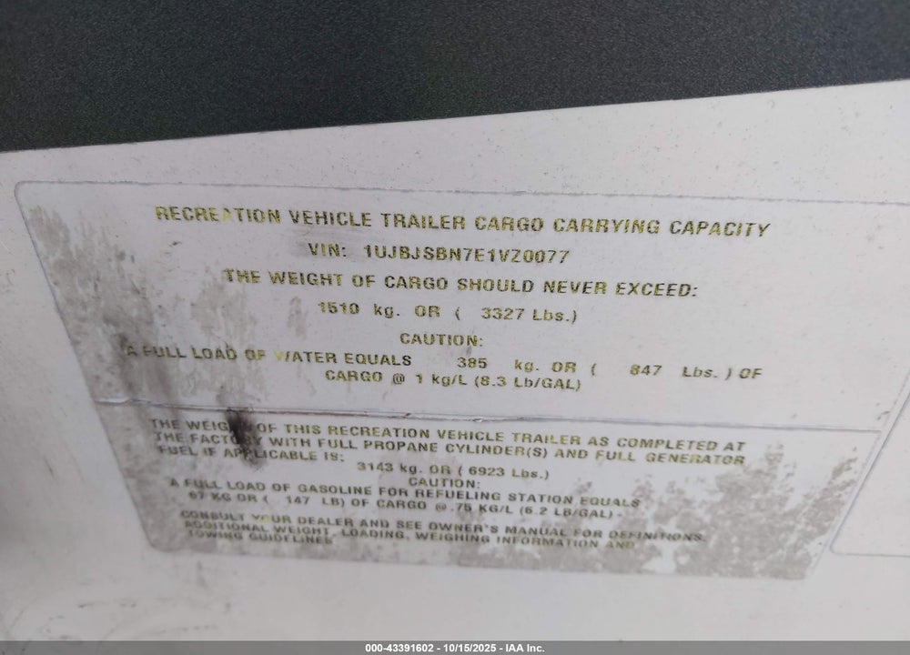 2014 JAYCO OTHER VIN: 1UJBJSBN7E1VZ0077