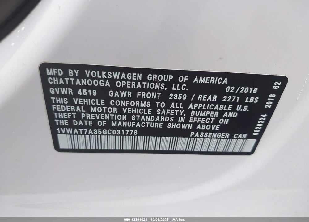 2016 VOLKSWAGEN PASSAT VIN: 1VWAT7A35GC031778