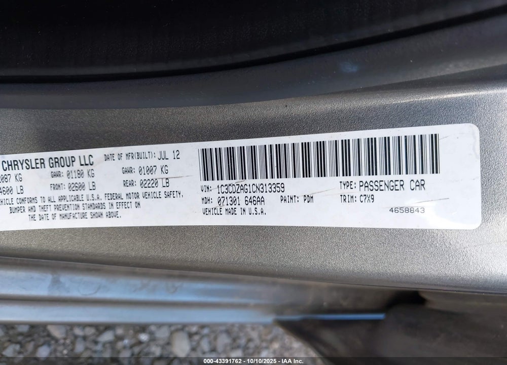 2012 DODGE AVENGER SE V6 VIN: 1C3CDZAG1CN313359