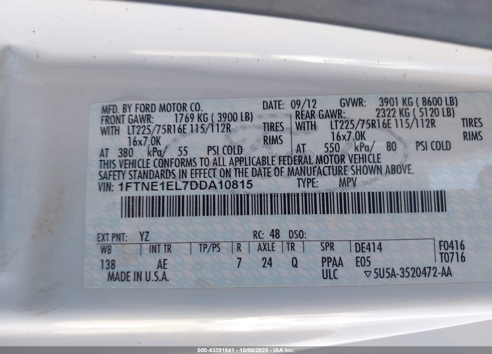 2013 FORD E-150 COMMERCIAL VIN: 1FTNE1EL7DDA10815