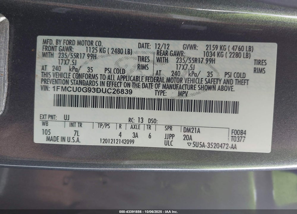 2013 FORD ESCAPE VIN: 1FMCU0G93DUC26839