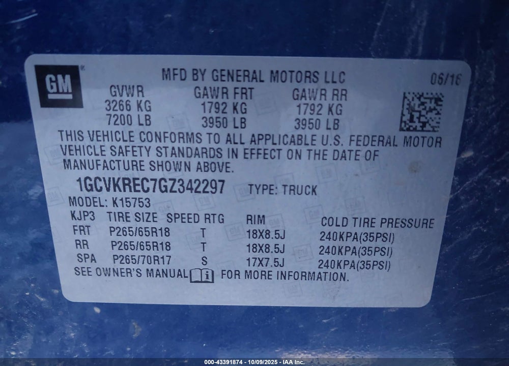 2016 CHEVROLET SILVERADO 1500 2LT VIN: 1GCVKREC7GZ342297