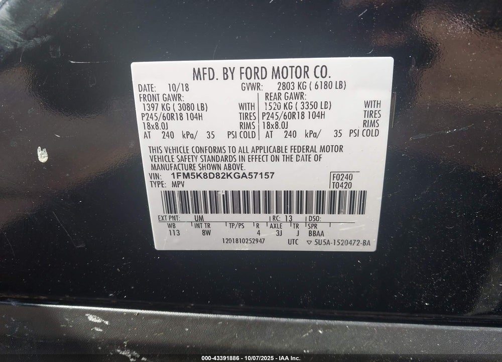 2019 FORD EXPLORER VIN: 1FM5K8D82KGA57157