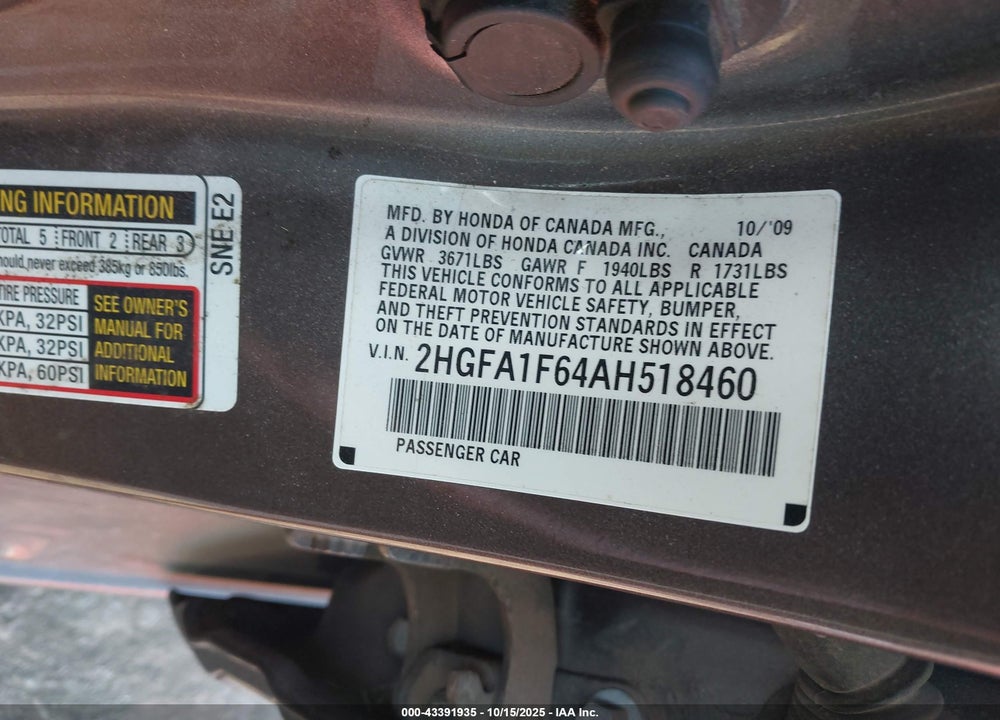 2010 HONDA CIVIC VIN: 2HGFA1F64AH518460